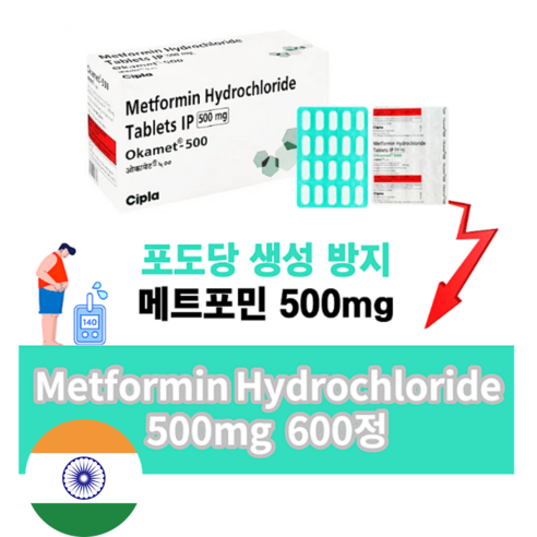 메트포민 다이어트 보조제 노화방지 혈당조절 Okamet 500mg 인도산, Okamet-500mg 600정, 1박스, 600정