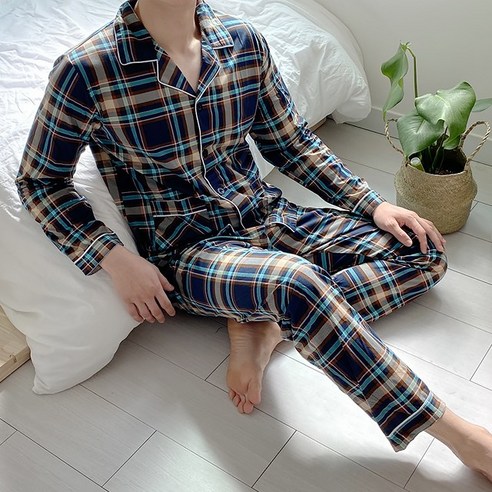 말랑마쥬 남성용 타탄체크 네이비 긴팔잠옷세트