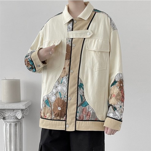 KORELAN 데님 코트 남춘추 건달 스트리트 캐주얼 한국 자켓 국조표 자수 디자인 상의 패션