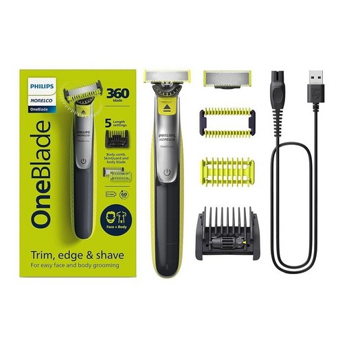 Philips Norelco OneBlade 360 페이스 + 바디 하이브리드 전기 면도기 및 수염 트리머 남성용 5-in-1 페이스 스터블 빗 및 바디 헤어 트리머 키트 Q, OneBlade 360 Face + Body_Black