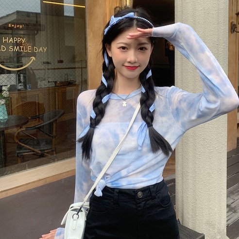 DFMEI 선 스크린 메쉬 셔츠 여성 긴 소매 실크 내부 여름 새로운 얇은 넥타이 염색 티셔츠 탑, DFMEI 타이 염색 블루