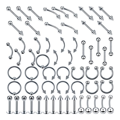 60 조각 혼합 스타일 스테인레스 스틸 14g/16g 배꼽 반지 혀 tragus 립 코 눈썹 네일 피어싱 쥬얼리 세트