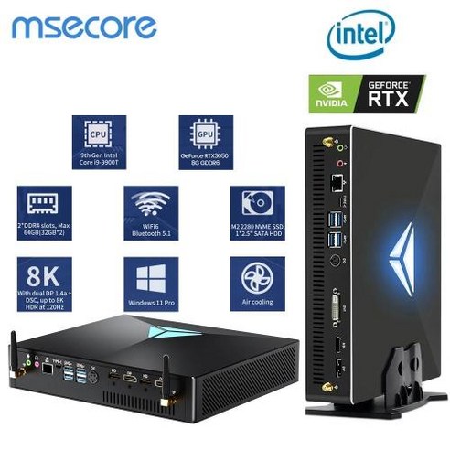 MSECORE 미니 데스크탑 게이밍 호스트 PC 인텔 코어 i99900T RTX 3050 8G 개별 그래픽 카드 2 DDR4 2TB NVME SSD, 8) 8G RAM 512G SSD  I59600KF R