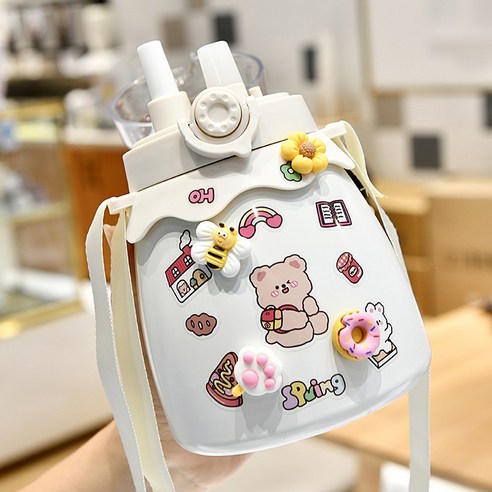 [LM] Kawaii 점보 파스텔 스티커 보온병 스테인레스 스틸 보온병 타임 마커 선물, {"크기":"800ml"}, White C