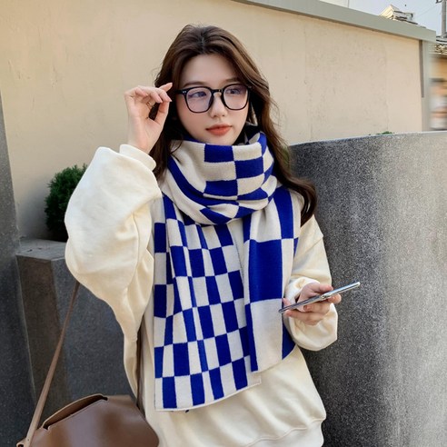 흑백 바둑판 스카프 여성 가을과 겨울 패션 학생 스카프 따뜻한 목도리