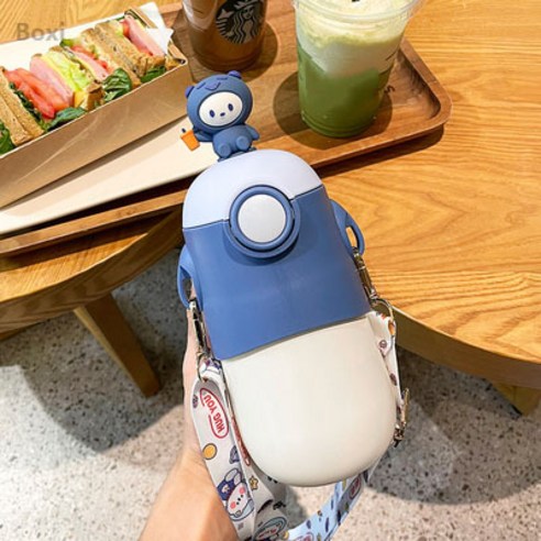 [LM] 500ml Kawaii 토끼 보온병 귀여운 스테인레스 스틸 보온병 물병 빨대와 절연 차가운 음료 컵, {"크기":"500ml"}, Blue