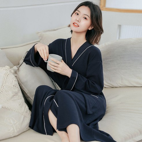 DFMEI-Y 호텔 커플 잠옷 여성 긴 면화 목욕 가운 남성 얇은 와플 잠옷 피부 친화 흡수성 빠른 건조 목욕 가운, M 적합 [80-120 진], DFMEI 다크 블루