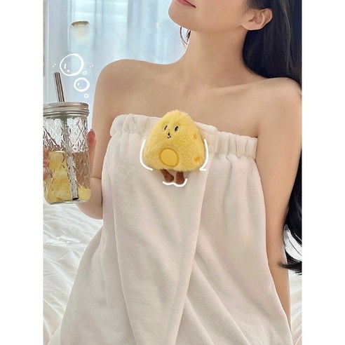 벨크로 찍찍이 단단히 고정 샤워 랩 타월 바스 골프가운 오프숄더 파스텔분홍 샤워가운, 1개, 병아리화이트