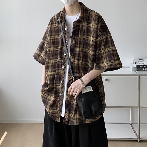 ANYOU 체크반팔 셔츠 남자 여름 데일리 빈티지 루즈핏 캐주얼 5부 반팔