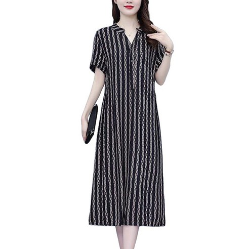 ROYALBELLE 여성 고급 패션 반팔 원피스 카라넥 줄무늬 루즈핏 롱 원피스 데일리룩 V51307