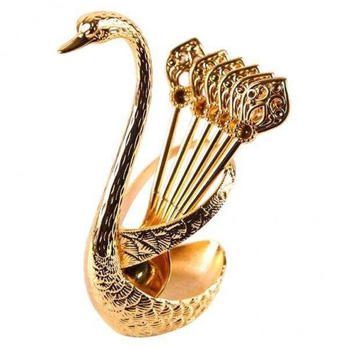 3xSwan 베이스 홀더 6pcs 스크림 스푼 티스푼 커피 디저트 설탕 골든, 아연 합금