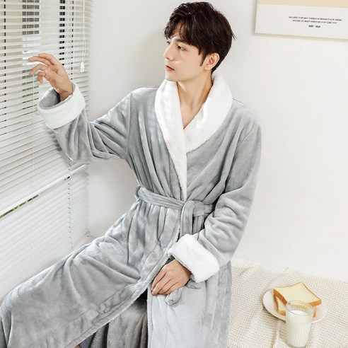 DFMEI-Y 잠옷 여성의 가을과 겨울 긴 산호 양털 플러스 벨벳 두꺼운 커플 목욕 가운 플란넬 남자 잠옷 겨울 홈 착용, {"패션의류/잡화 사이즈":"XL 적합 [180cm -200kg]"}, DFMEI 그레이 화이트 [] 모피 칼라 플란넬
