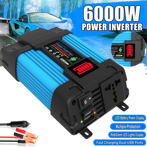 6000W(정격 전력 500W) 차량용 인버터 12v 220v 수정 사인파 LED 디스플레이가 있는 듀얼 USB 고속 충전, 6000W, 1개