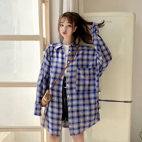 러브앤시티 여성 쿠니 오버핏 루즈핏 체크 롱 남방 셔츠