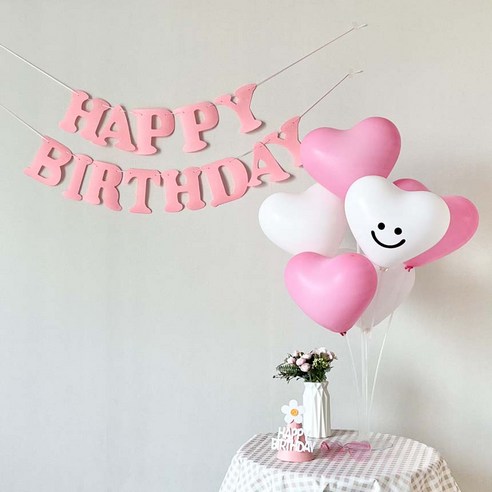 연지마켓 생일가랜드 하트 풍선 생일 파티 용품 세트, 1세트, 핑크 스마일 스티커