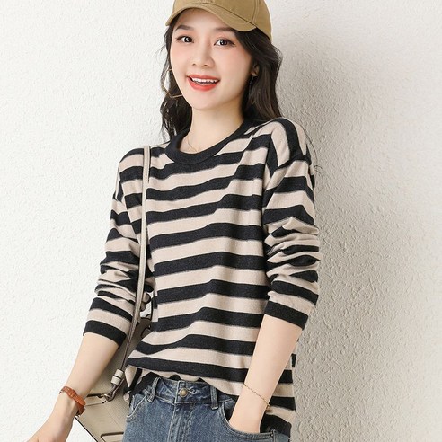 얇은 루즈핏 스트라이프 여성 긴팔 니트 티셔츠 – 봄가을 데일리룩 캐주얼룩 스트라이프니트