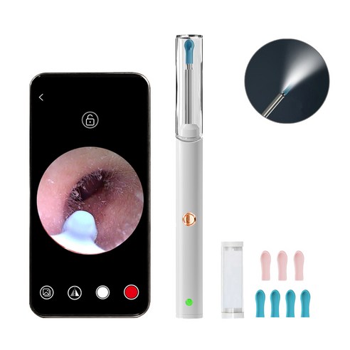 KUAHAI 2000W 고화질 내시경 귀이개 무선 LED 조명 귀파개 스마트 카메라 귀이개 일체형 귀후비개 소프트헤드 Type-C충전, 흰색, 2개