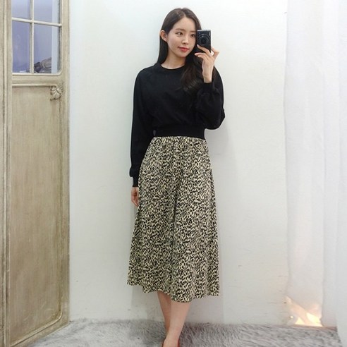 이힝 레오파드 a라인 밴딩 긴팔 롱원피스