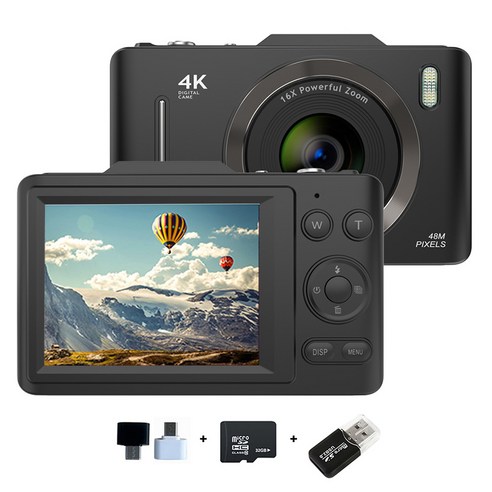 RUN기술 하이엔드 미니 디지털 카메라 2.8 inch+64G메모리카드+카드 리더기, 블랙