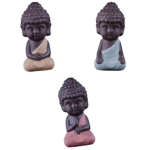 3Pcs 작은 동상 스님 인도 수공예품 세라믹 찻집 작은 미니어처, 그림으로, 보라색 모래 색 모래 도자기