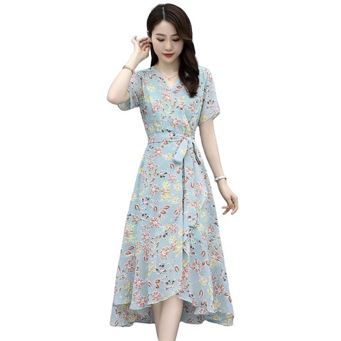 ROYALBELLE 여성 플라워 아이스 날씬해보이는 슬림핏 트렌디 프릴 브이넥 원피스 V60605