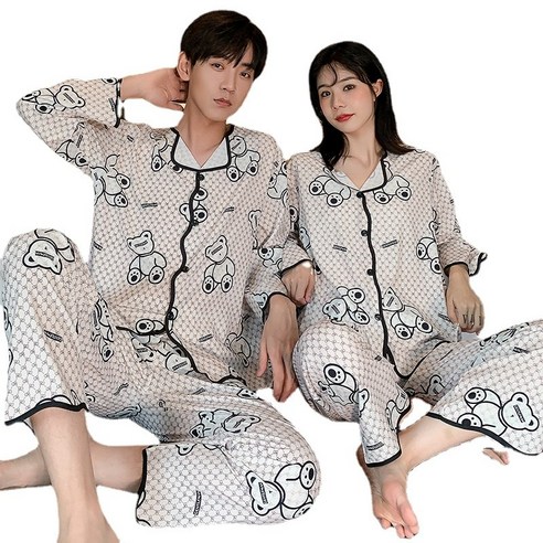 ANKRIC 소프트 블랙 체크 봄가을 캐주얼 커플 잠옷 스판 새틴 왈 면 여 긴팔 바지 카툰실크 집거주하다