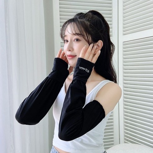 헐렁헐렁한 얇은 아이스 자외선 차단 소매 여성 여름 햇빛 차단 자외선 소매 자전거 운전 손목 장갑, 검은색