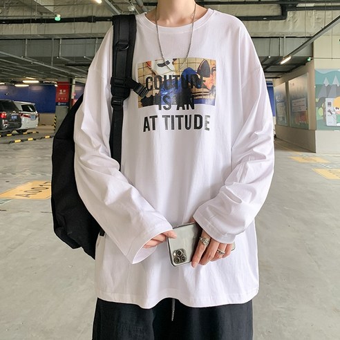 DFMEI 홍콩 스타일 긴 소매 티셔츠 남자 봄 가을 패션 브랜드 패션 느슨한 성격 캐주얼 인쇄 기본 셔츠 탑