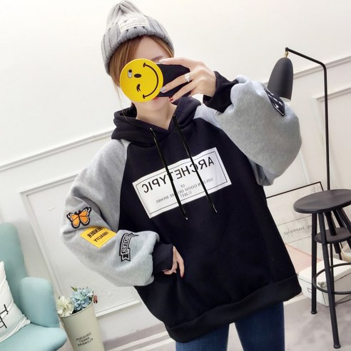 온스타일러 패치 포인트 배색 여성 후드티셔츠 (기모 안감) 후드티