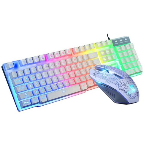 1Set T6 무지개 LED 백라이트 멀티미디어 인체 공학적 USB 유선 게임 키보드 유선 마우스 및 마우스 패드 PC 노트북 컴퓨터 사용자 게이머, 하얀색