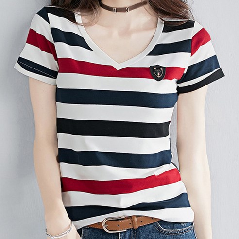 [OKㅣ강추] 데일로엔 여성 스트라이프 브이넥 여름 반팔티 [OKNOWㅣ추천상품]