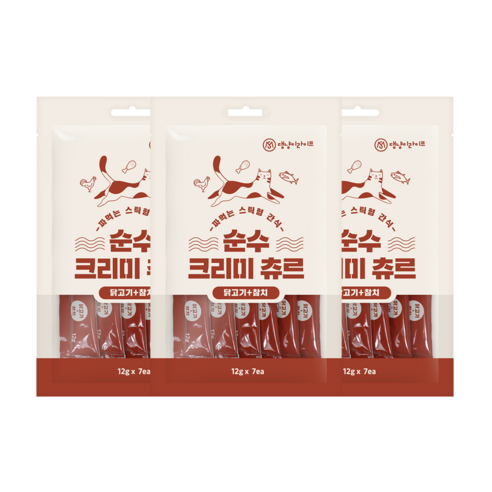 순수 크리미 츄르 짜먹는 고양이 간식 닭고기 닭고기+가다랑어 닭고기+참치, 닭고기 + 참치 혼합맛, 12g, 21개