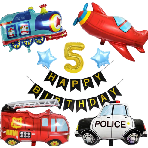 파파 파티 소방차 경찰차 자동차 비행기 생일 가랜드 숫자 풍선 세트, 1세트, 가랜드+숫자 5