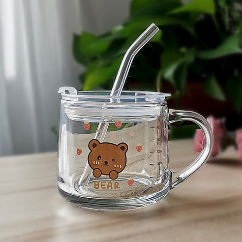 유리컵 빨대 우유 아침컵 귀엽다 만화 눈금 컵 덮개 숟가락 선물 글씨, 301-400ml, 380ml 귀여운 곰돌이 + Ps 덮개 + 유리 빨대