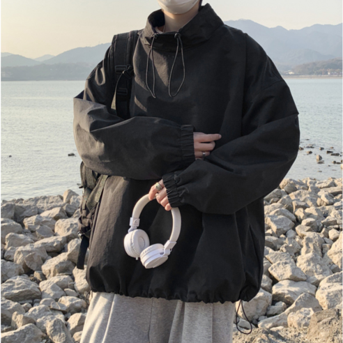 챠밍윤 남성 오버핏 후드 반집업 아노락 캐주얼 후드집업 바람막이 3color