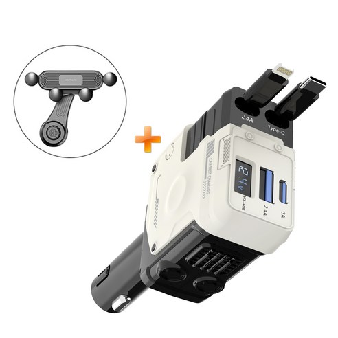 다렌 100W 차량용 고속충전기 4IN1 릴타입 차량용 시거잭 고속충전기+휴대폰 거치대 증정, 화이트, 차량용 충전기(애플+C타입)+휴대폰 거치대