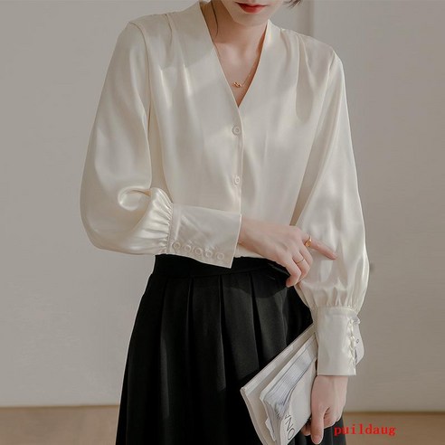 봄 칼라 셔츠 여성용 긴 소매 아세트산 새틴 전문 기질 셔츠