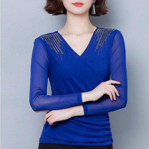 여성 라인 댄스복 상의 긴팔 브이넥 비즈 티셔츠, L, 블루