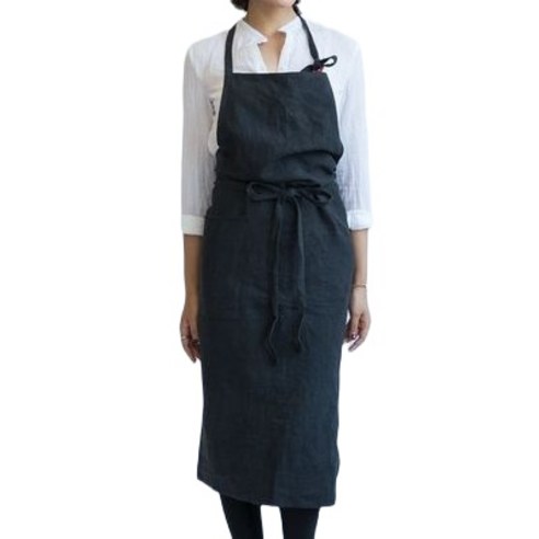 ANKRIC 아마면 및 린넨 앞치마 한국어 버전 일본 꽃 그림 앞치마 자수 선물 패션 허리 원피스앞치마, 온몸이 검은색이다