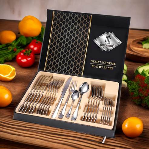 cutlery 24 세트 스테인리스 식기 세트 나이프와 포크 숟가락 선물 상자, 1set, Black gold