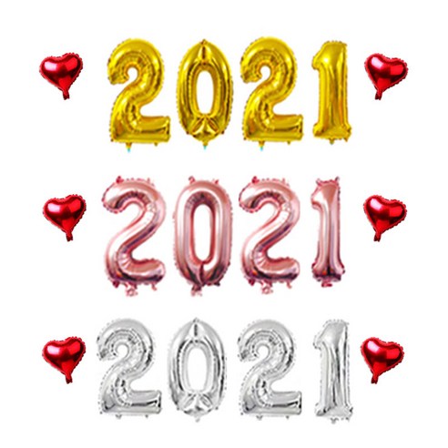 신년 새해 송년회 파티 풍선 세트 (2021숫자 풍선+ 미니 하트 풍선), 로즈골드(대)