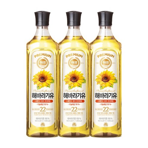 해표 해바라기유, 900ml, 3개 가루/조미료/오일 해표 해바라기유, 900ml, 3개 가루/조미료/오일