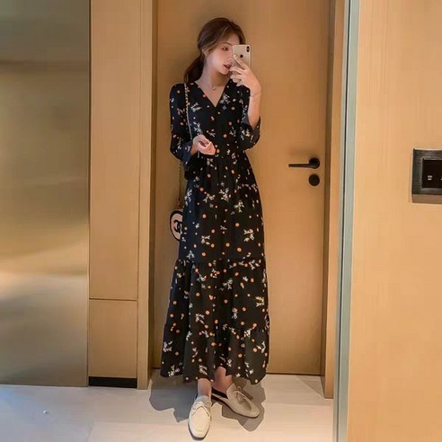 DFMEI 봄옷 년 봄 원피스 플라워 블라우스 브이넥 긴팔 허리 날씬하다 분위기 롱스커트 자녀