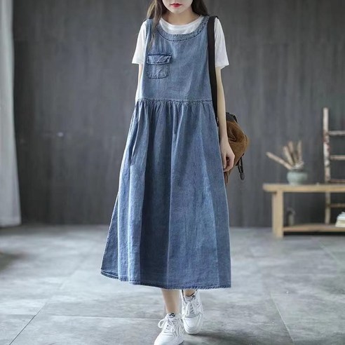 Kamoda 여름 빅사이즈 데님 원피스 여성용 롱 민소매 원피스, 블루, 2XL
