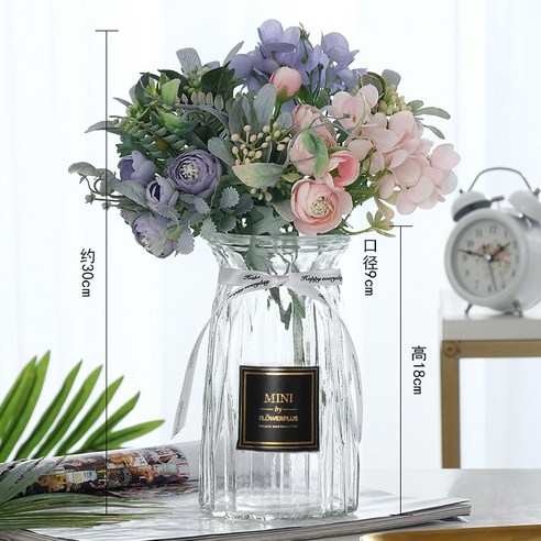 DFMEI [꽃 + 병] 북유럽 유리 꽃병 투명한 색상 인공 꽃 거실 장식 테이블 홈 장식, 다이아몬드 (투명) + (보라색 + 핑크 꽃다발), {"패션의류/잡화 사이즈":"중간"}