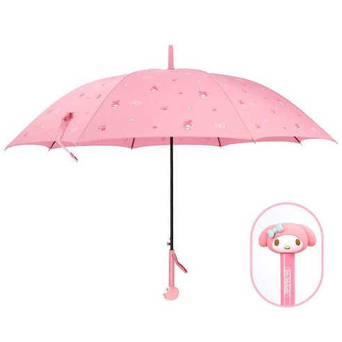 산리오 얼굴입체 손잡이 장우산 60우산 캐릭터 리본 패턴 반자동 우산