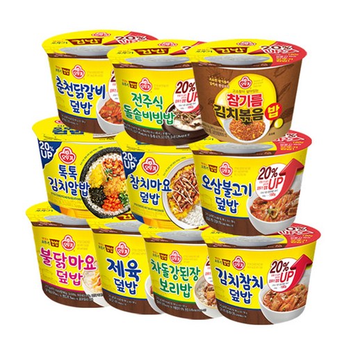 오뚜기 컵밥 10종 (톡톡김치알밥+참치마요덮밥+강된장보리밥+제육덮밥+김치참치+전주식 돌솥비빔밥+오삼불고기+불닭마요+춘천닭갈비+참기름김치볶음), 1세트