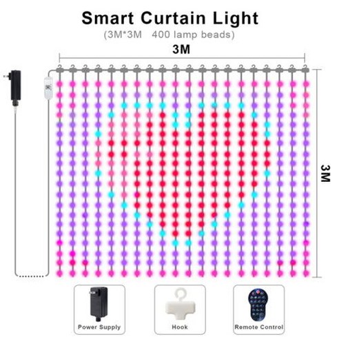 에어커튼 스마트 LED 스트링 라이트 블루투스 프로그래밍 가능 RGBIC 야외 요정 크리스마스 조명 화환 장식 DIY 패턴 텍스트 디스플레이, 1) 3MX3M 유럽 전원 플러그