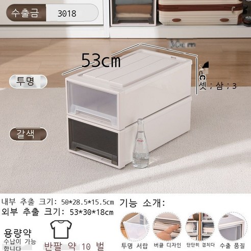 옷 수납함 플라스틱 서랍식 수납함 투명 데스크톱 거실 옷장 보관함 수납장 정리함, 투명한 모양, [3018] 깊이 53* 너비 30* 높이 18cm