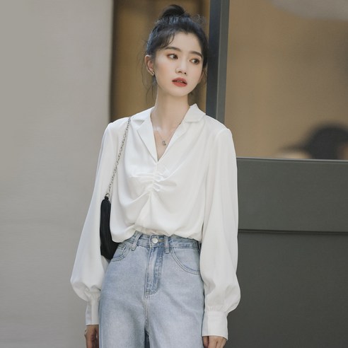 KORELAN 이른 봄 가을 스타일 긴팔 흰색 양복 칼라 셔츠